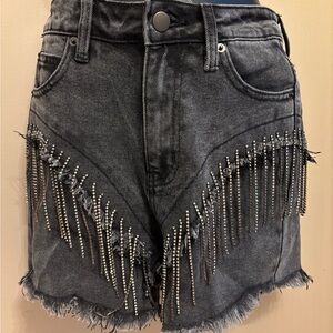 American Bazi Black Denim Shorts with Fringe and Studs